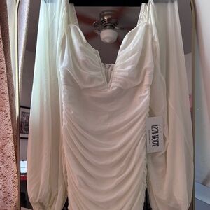 12th Tribe Ivory Ruched Long-Sleeve Dress with Bishop Sleeves